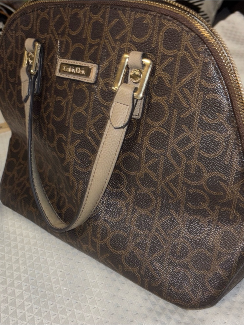 Calvin Klein Brown Monogram Satchel with Beige Handles and Gold Hardware